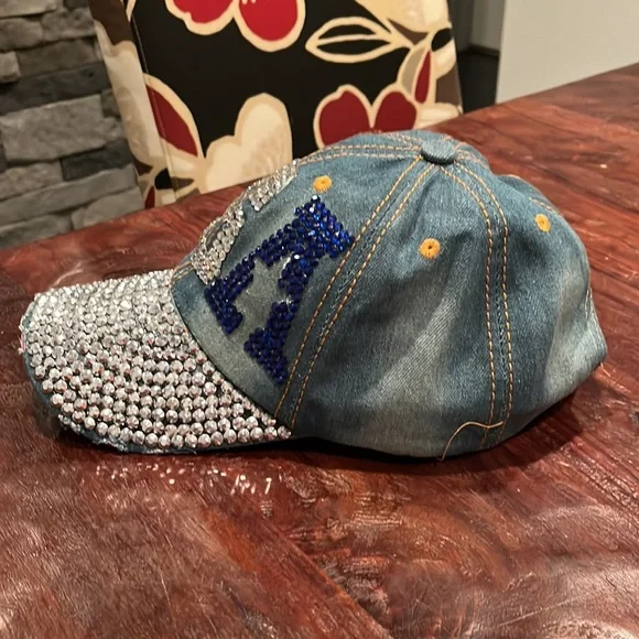 USA Ball Cap Hat stone flash bling Denim sequence Adult one size strap back vntg - Picture 5 of 12